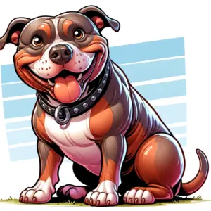 Cartoon illustration of a pit bull dog, depicted in a friendly and approachable manner