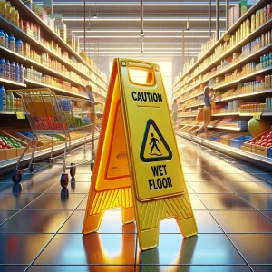Oklahoma City Walmart Slip And Fall Accident Lawyer 12 wet floor sign placed in a grocery store