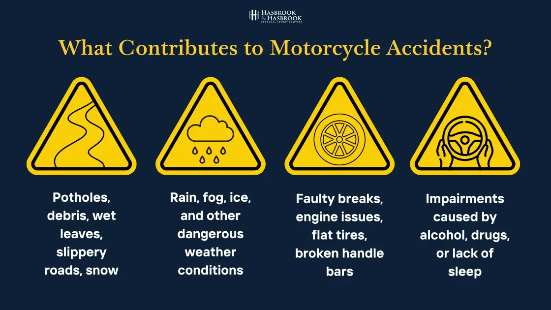 Oklahoma City Motorcycle Accident Lawyer 8 An infographic depicting different things that contribute to motorcycle accidents.