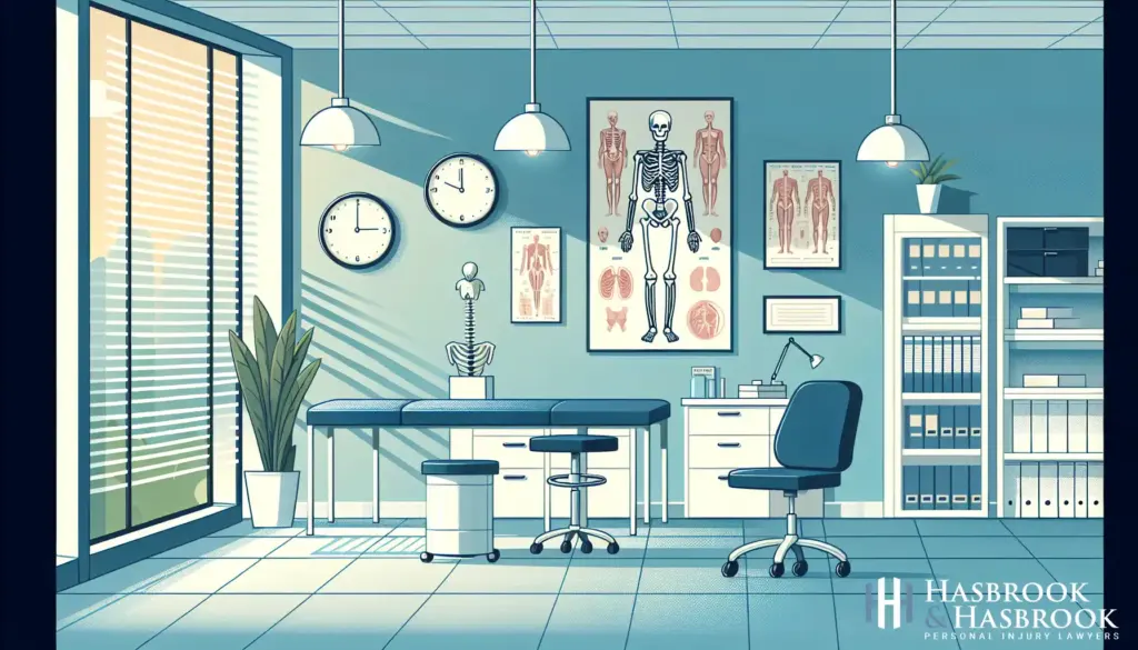 A serene medical office interior with orthopedic equipment like a model skeleton and anatomical charts, creating a professional and specialized atmosphere