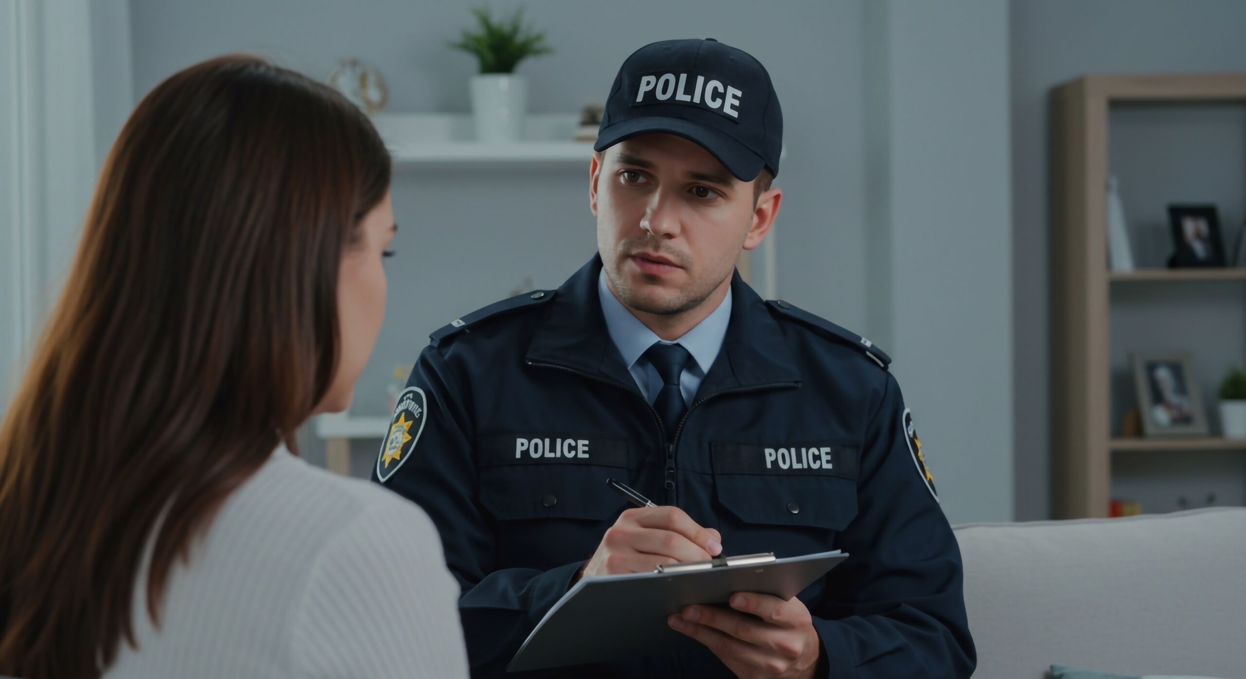 A police officer in uniform interviews a woman, gathering evidence for a report on harassment and abuse.