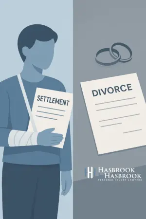 Can My Soon to Be Ex-Spouse Recover Anything from My Personal Injury Settlement? 1 Split-panel illustration showing an injured person holding a ‘Settlement’ document on one side, and a ‘Divorce’ paper with wedding rings on the other. Hasbrook & Hasbrook logo at bottom right.