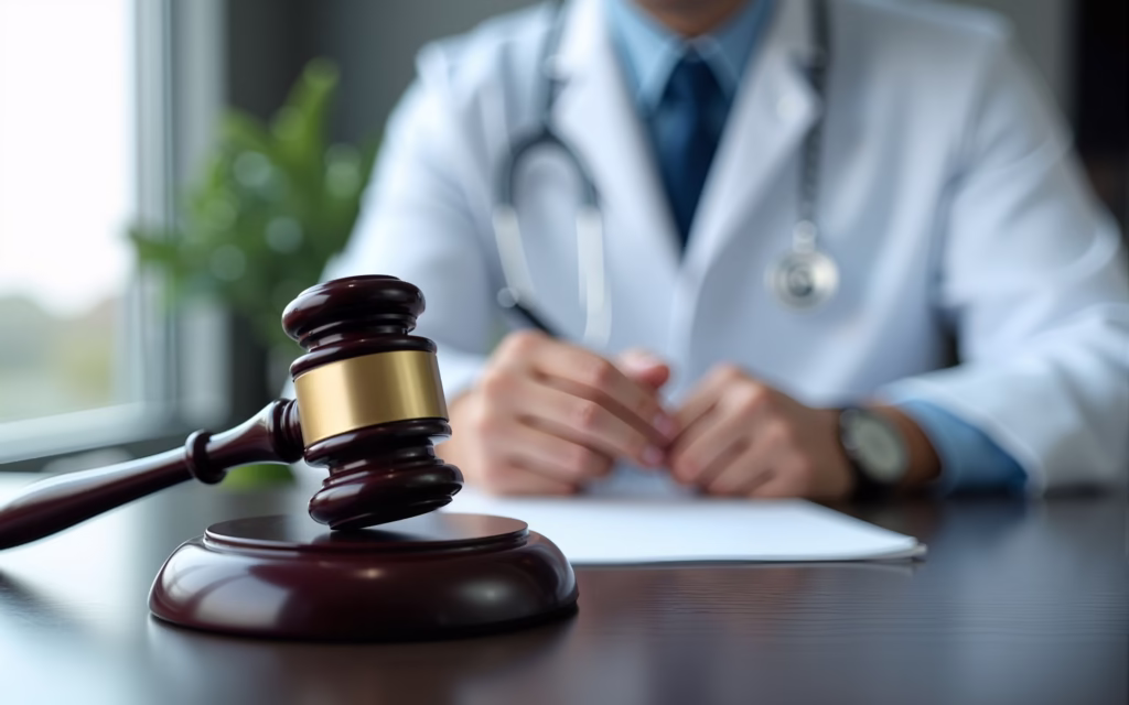 Defective Medical Device Claims: A Step-By-Step Legal Guide 5 Physician setting at a table with a gavel in front of him.