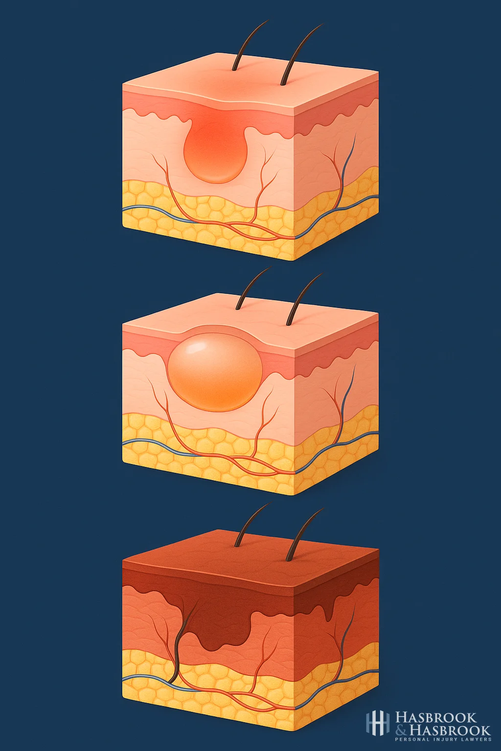 Medical illustration showing the four degrees of burn injuries from first-degree surface burns to fourth-degree deep tissue damage
