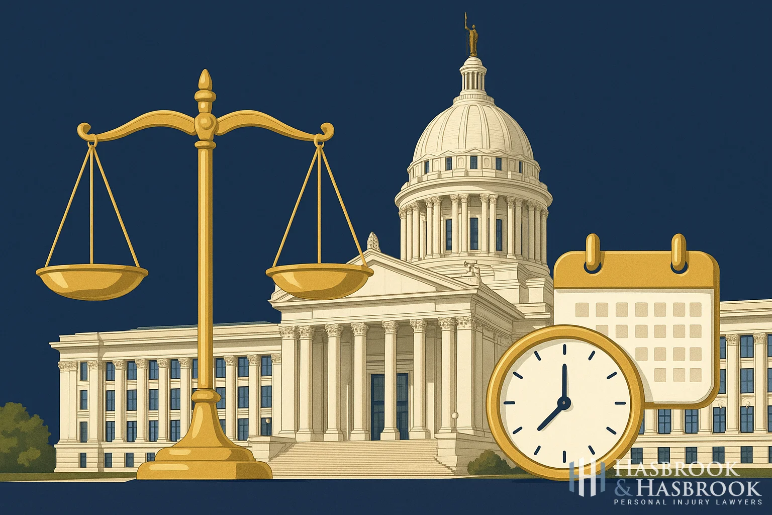 Oklahoma State Capitol building with scales of justice representing Oklahoma burn injury laws and filing deadlines