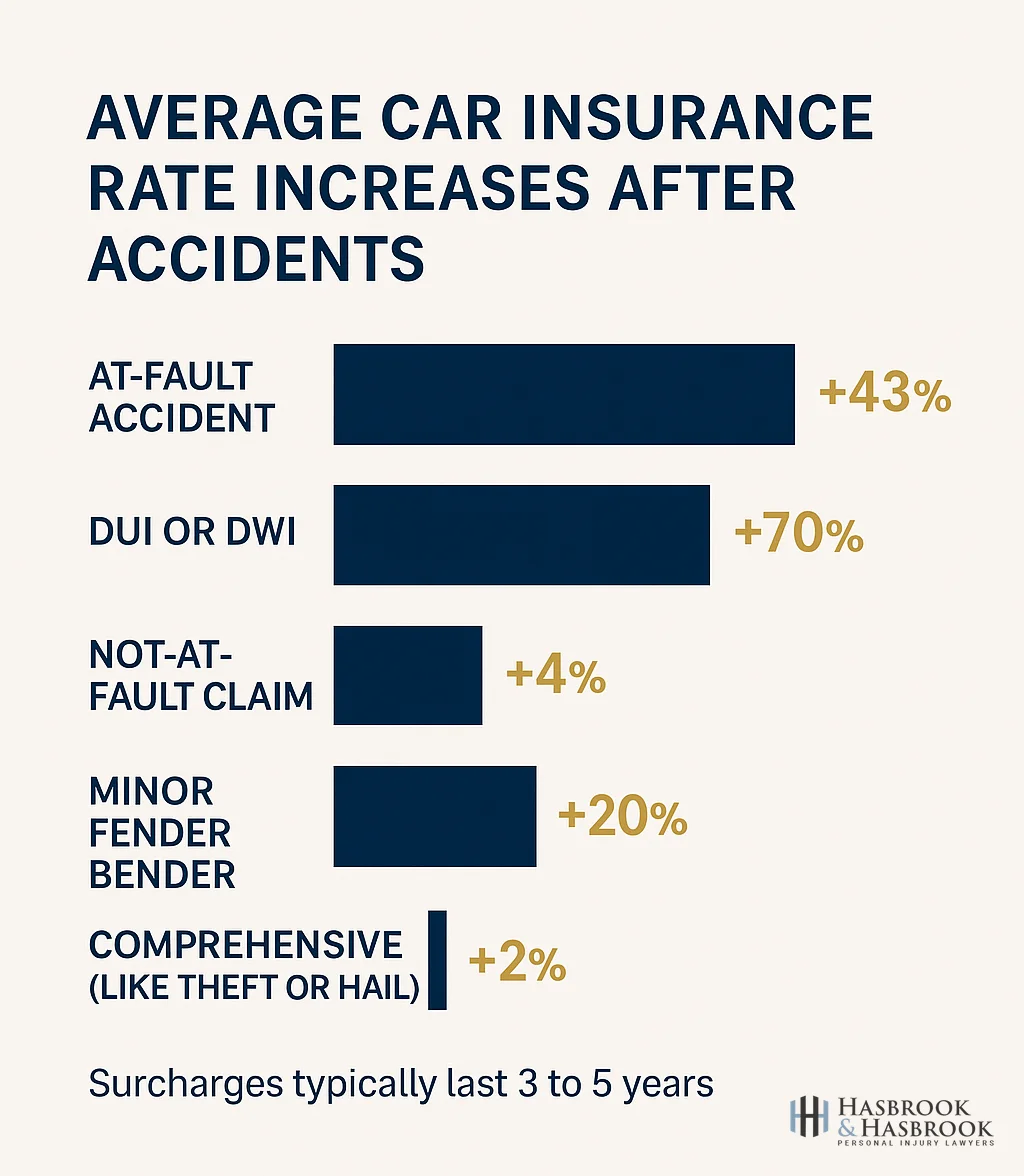 How Much Does Car Insurance Go Up After an Accident? 1 Infographic showing average car insurance rate increases by accident type including at-fault, DUI, and not-at-fault claims