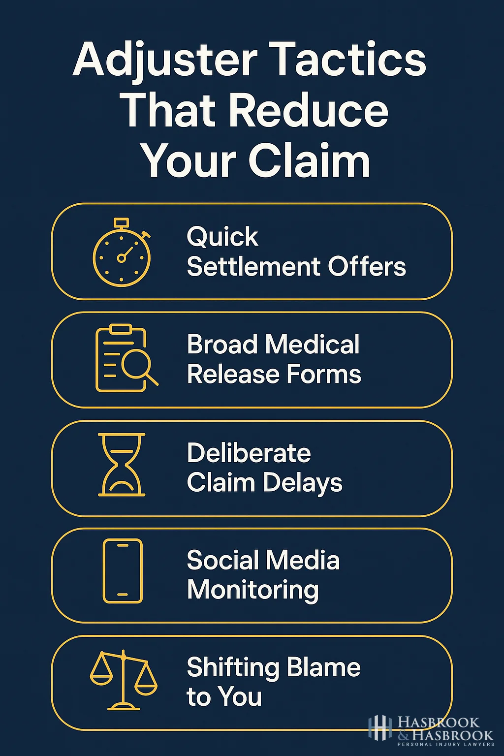 Insurance Adjuster Tactics Infographic Infographic listing five common insurance adjuster tactics used to devalue car accident claims