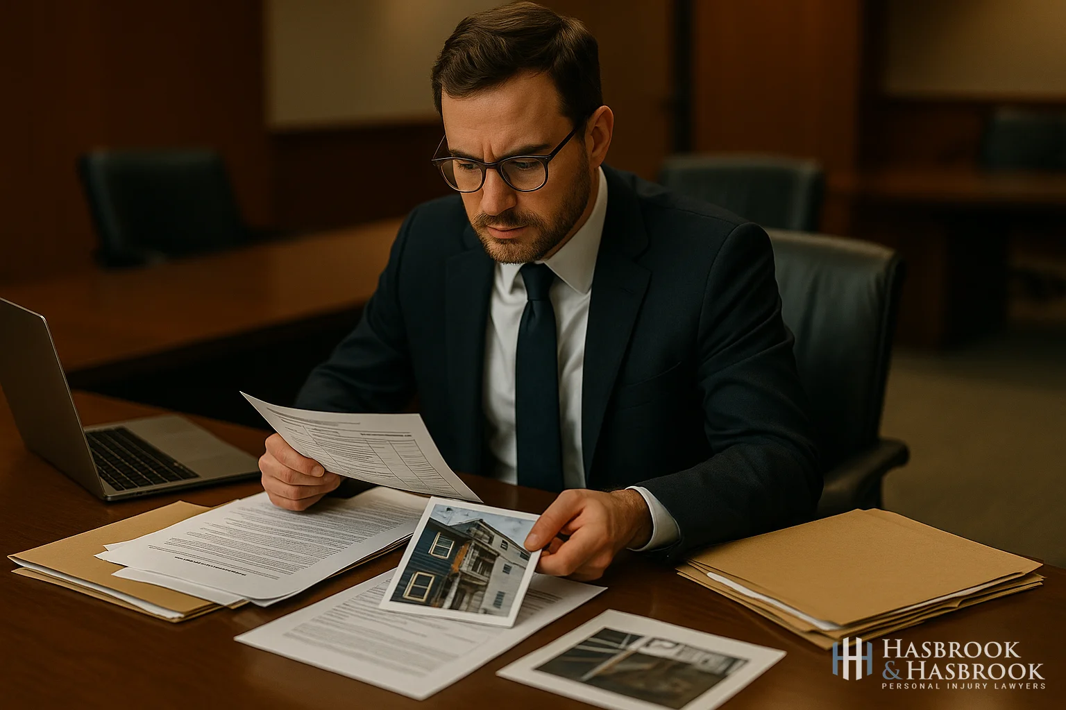 Attorney reviewing premises liability case materials and evidence documentation