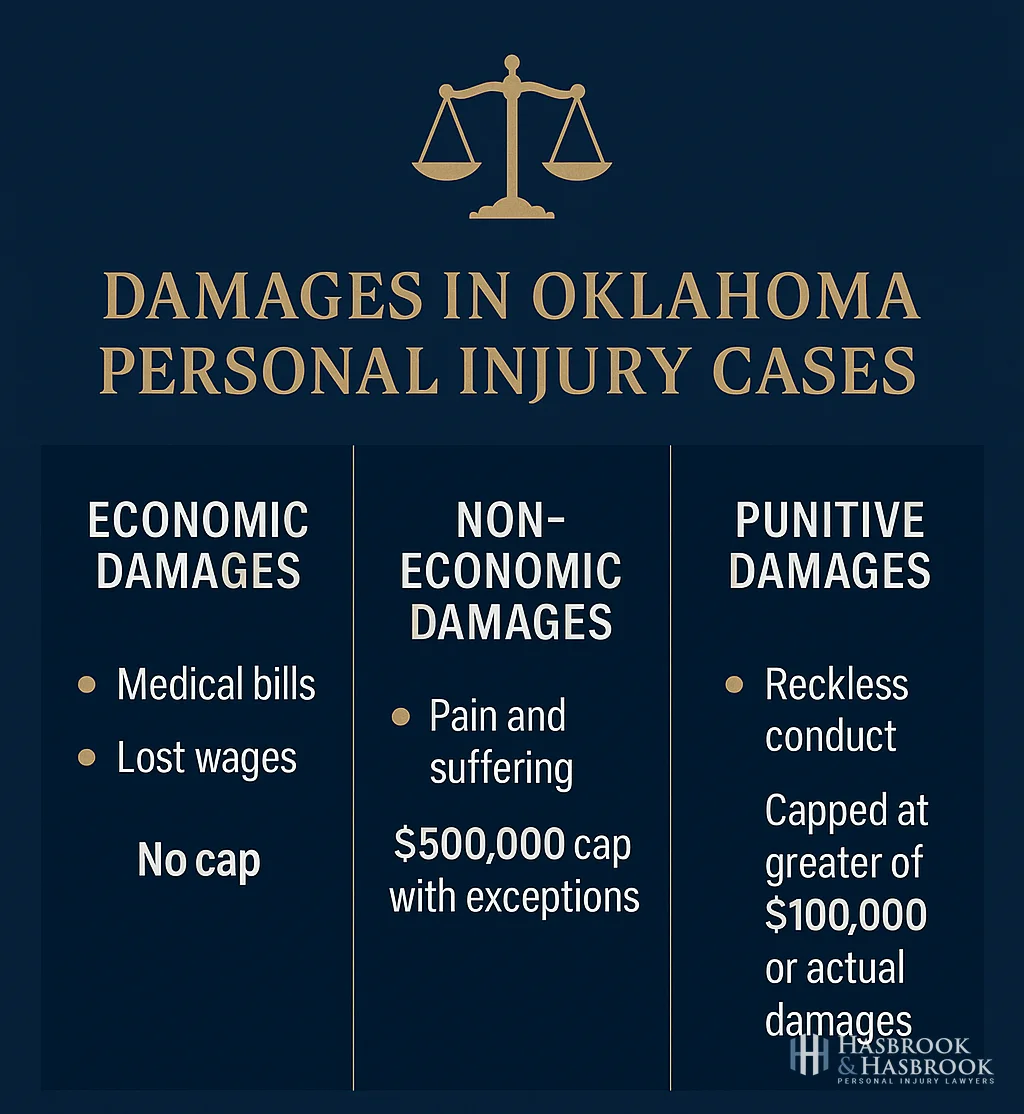 Infographic comparing economic, non-economic, and punitive damages available in Oklahoma premises liability cases