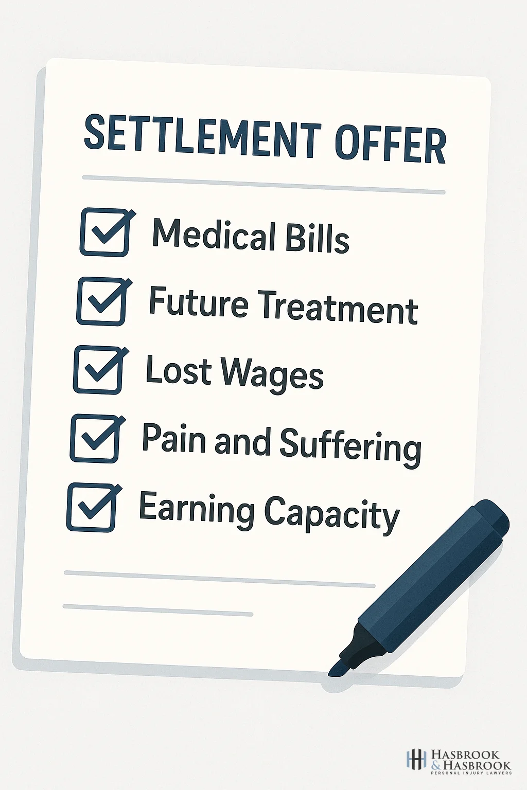 Should You Accept a Settlement Offer for a Car Accident Injury? 9 Checklist showing economic and noneconomic damages categories with check marks