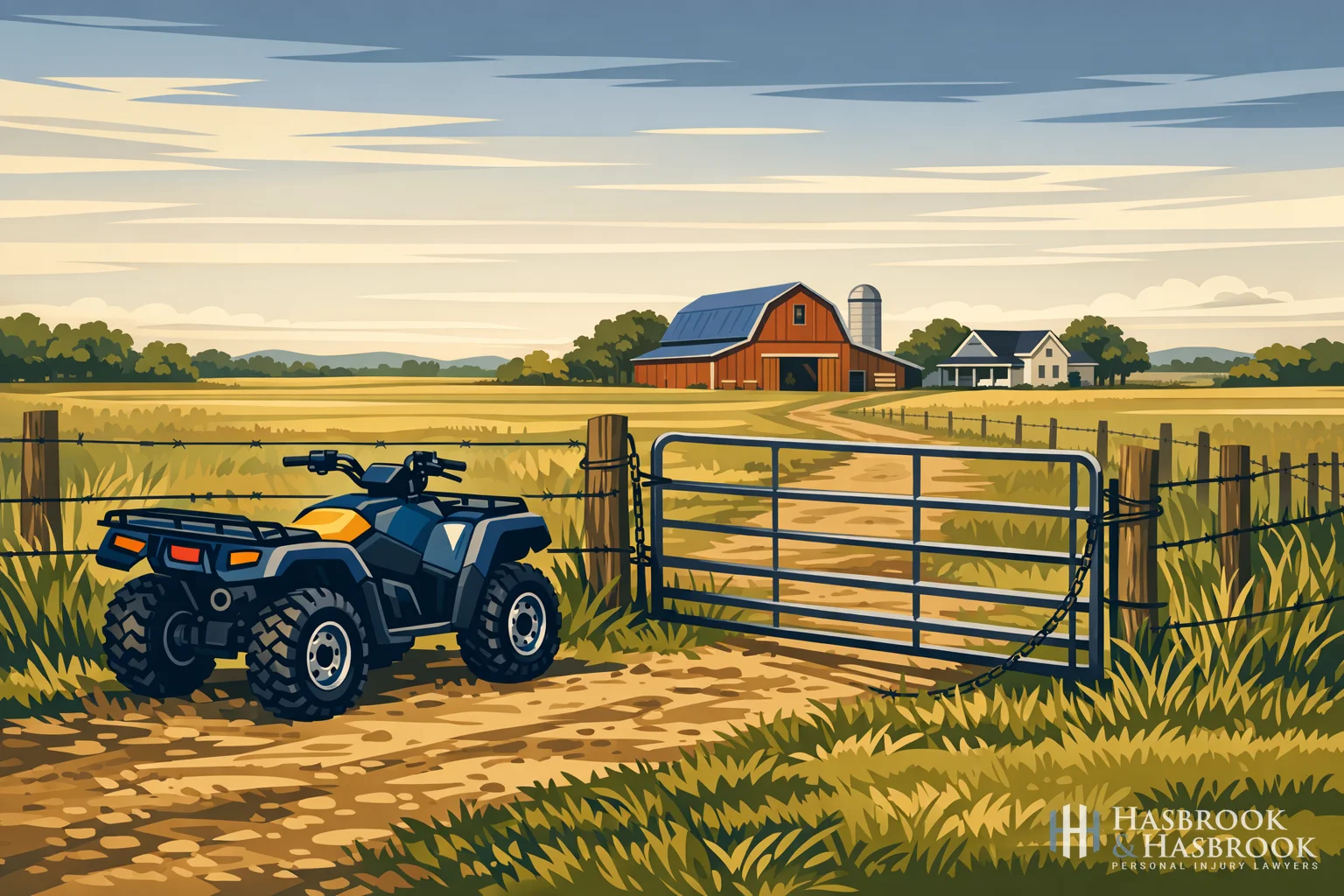 Illustration of an unsecured ATV near a rural property fence line