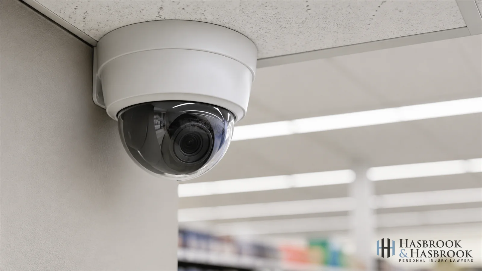 Surveillance camera unit mounted at ceiling corner of retail store; ceiling tile and camera hardware visible