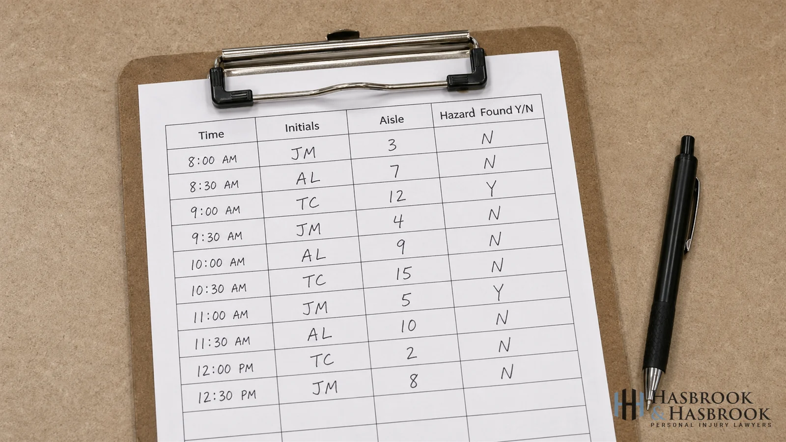 Clipboard with inspection checklist or sweep log form on retail service counter; pen and paperwork visible