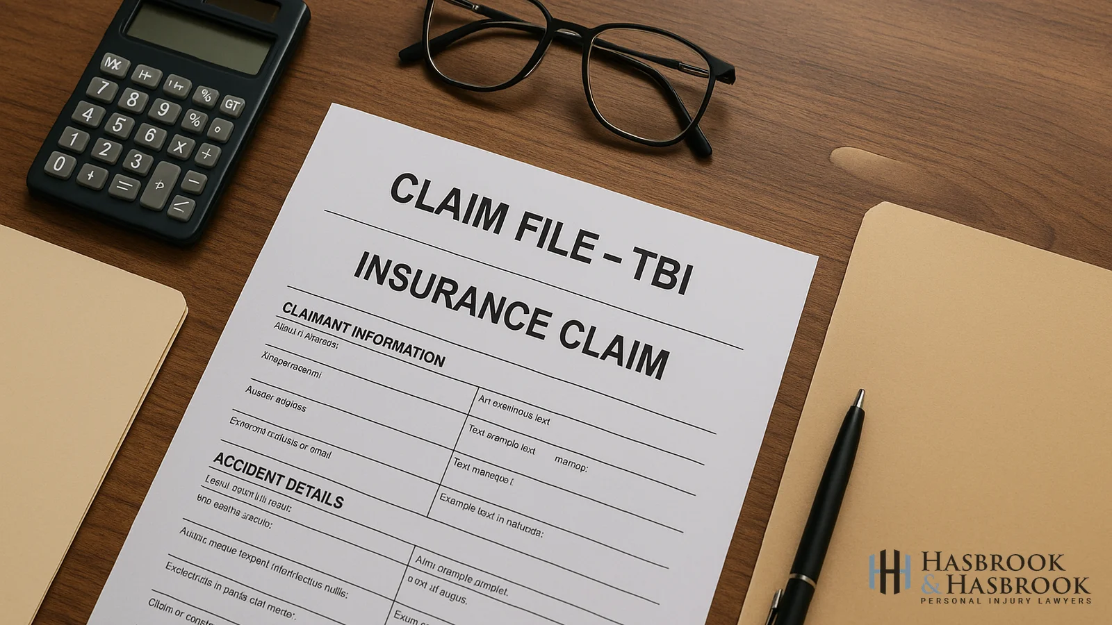 TBI claim documents calculator and glasses on a desk