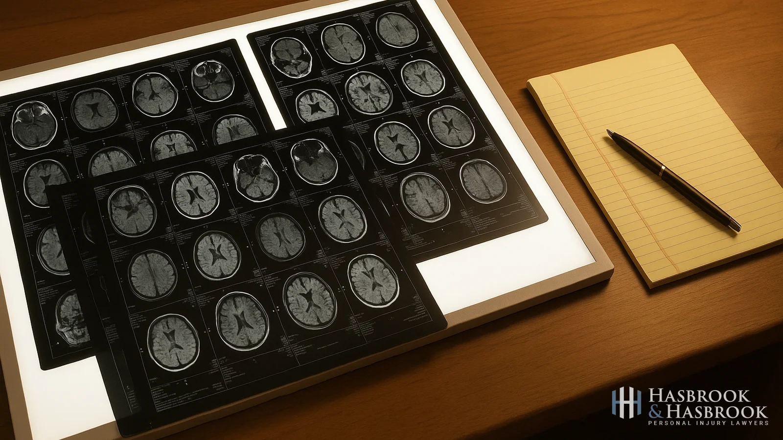 Brain MRI and CT films reviewed on a desk