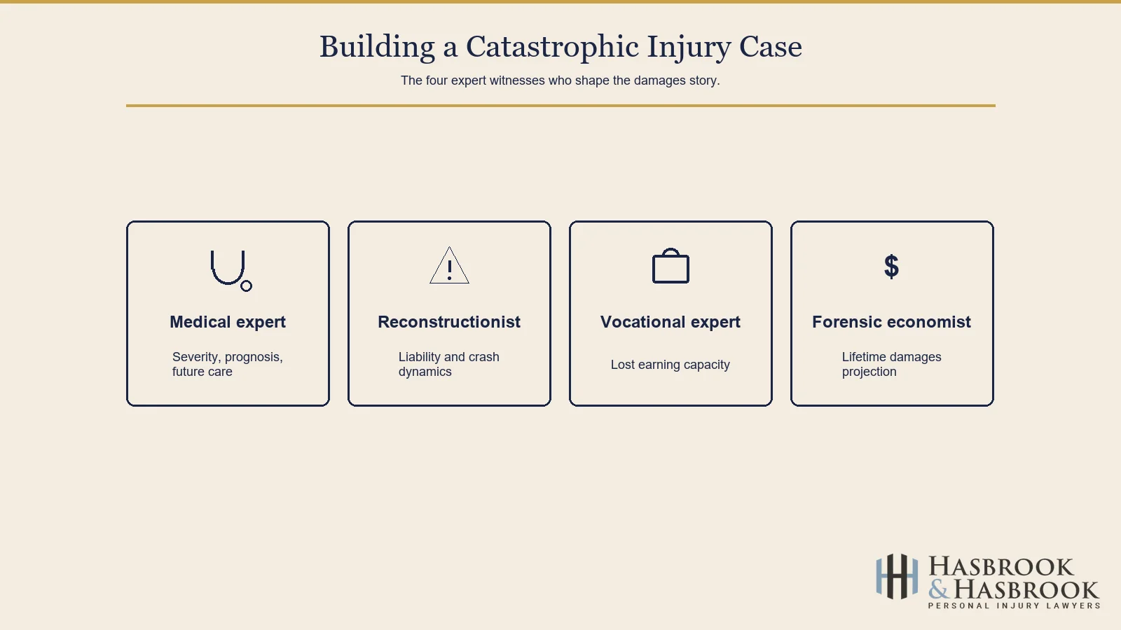 Four expert witnesses in catastrophic injury cases infographic