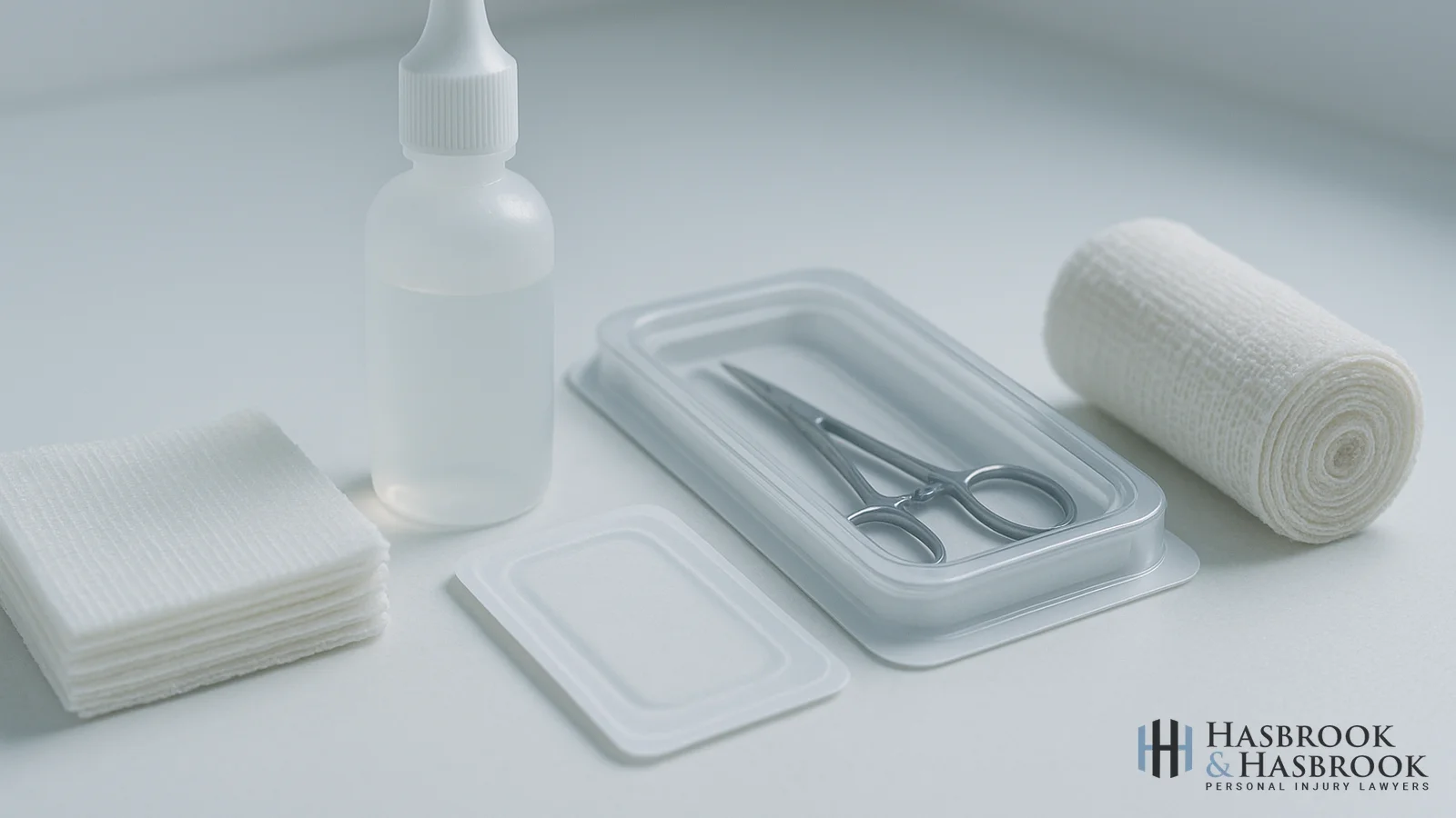 Medical treatment supplies on a sterile surface