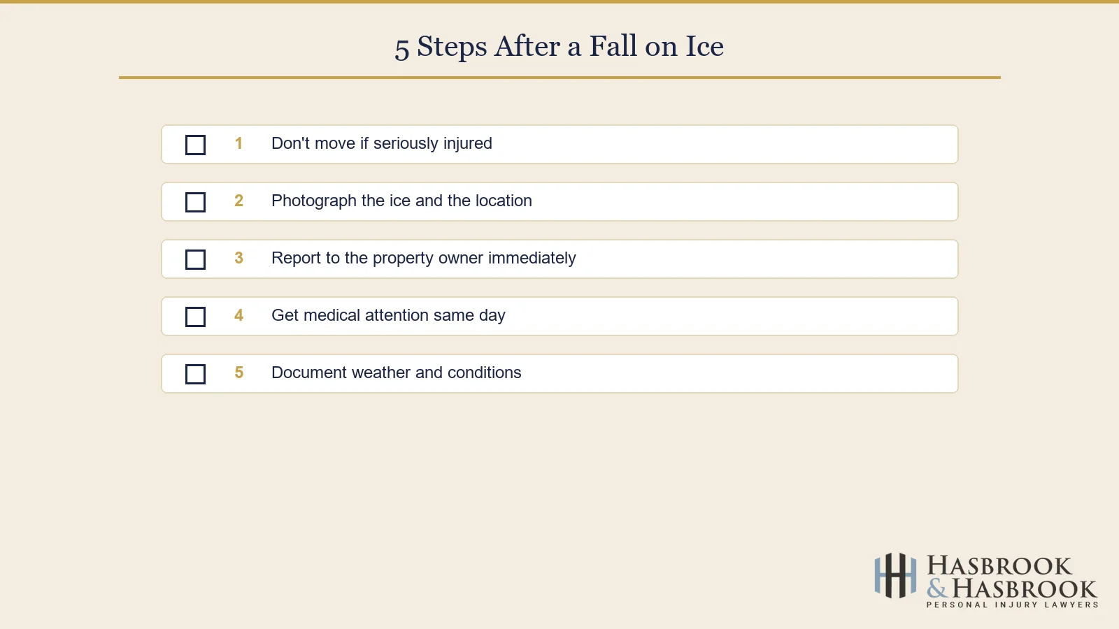 Five steps after a fall on ice checklist
