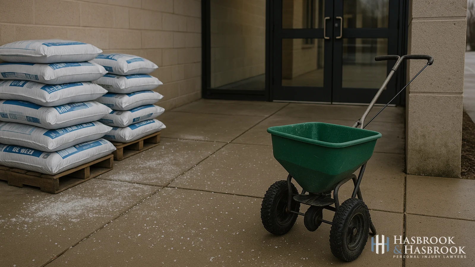Ice melt bags and salt spreader on a commercial sidewalk