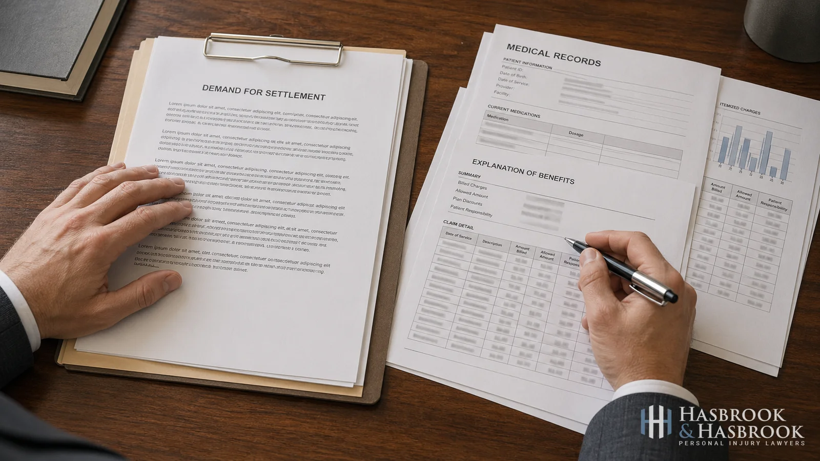 Hands reviewing demand letter and medical records