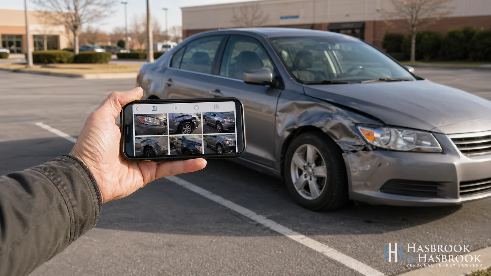 Hand holding smartphone documenting car accident scene