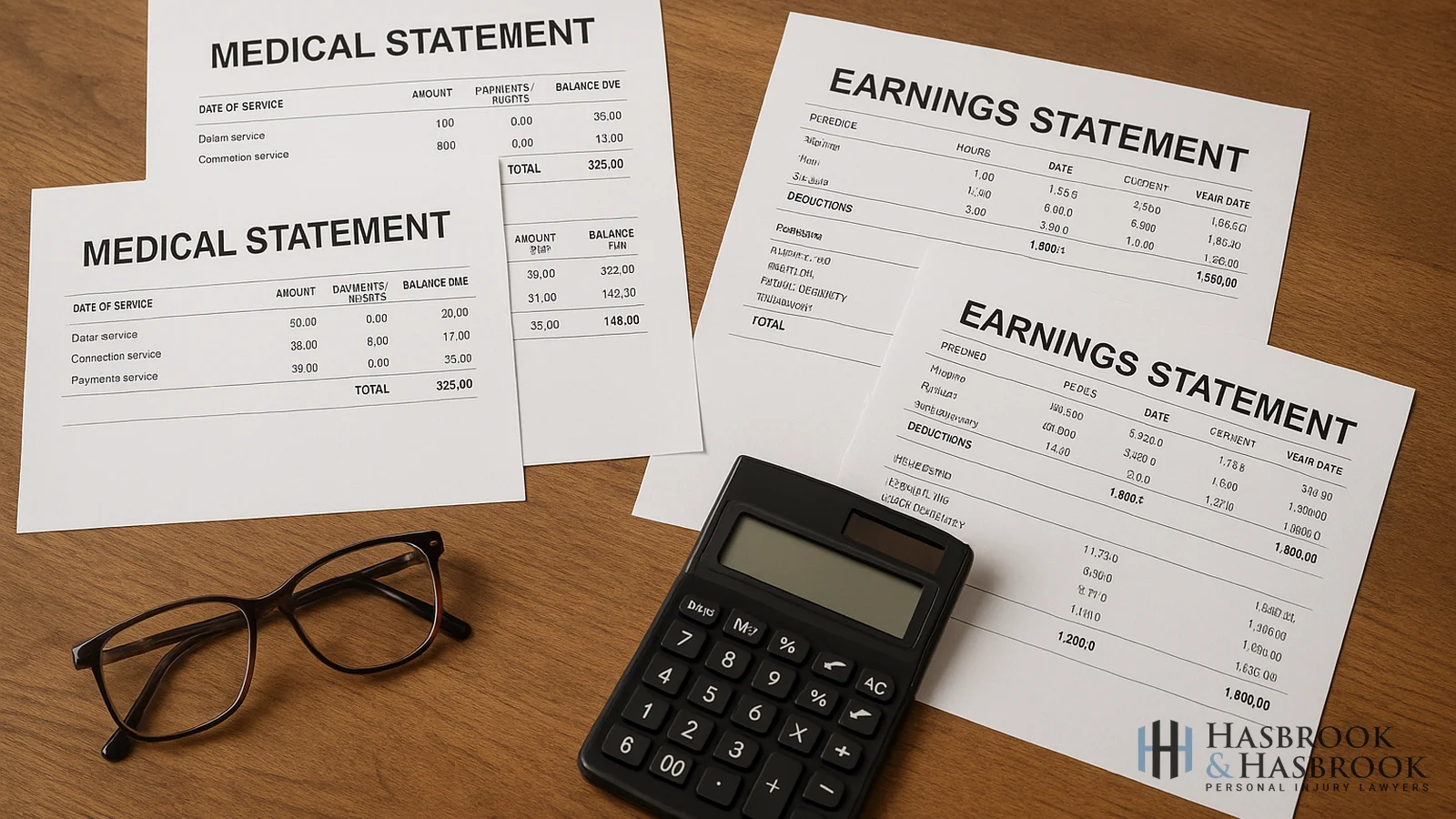 Medical bills pay stubs and calculator on a desk