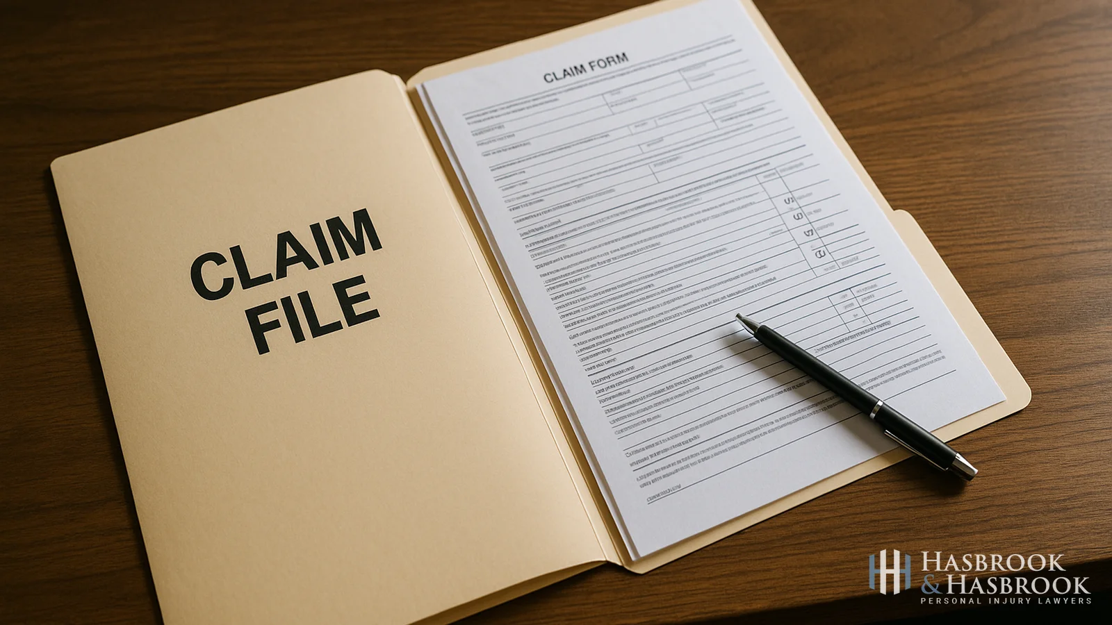 Insurance claim file open on a wood desk