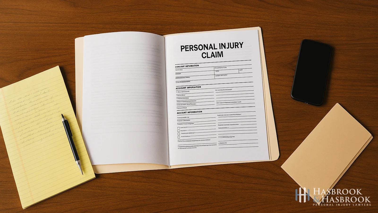 Personal injury claim documents on a conference table