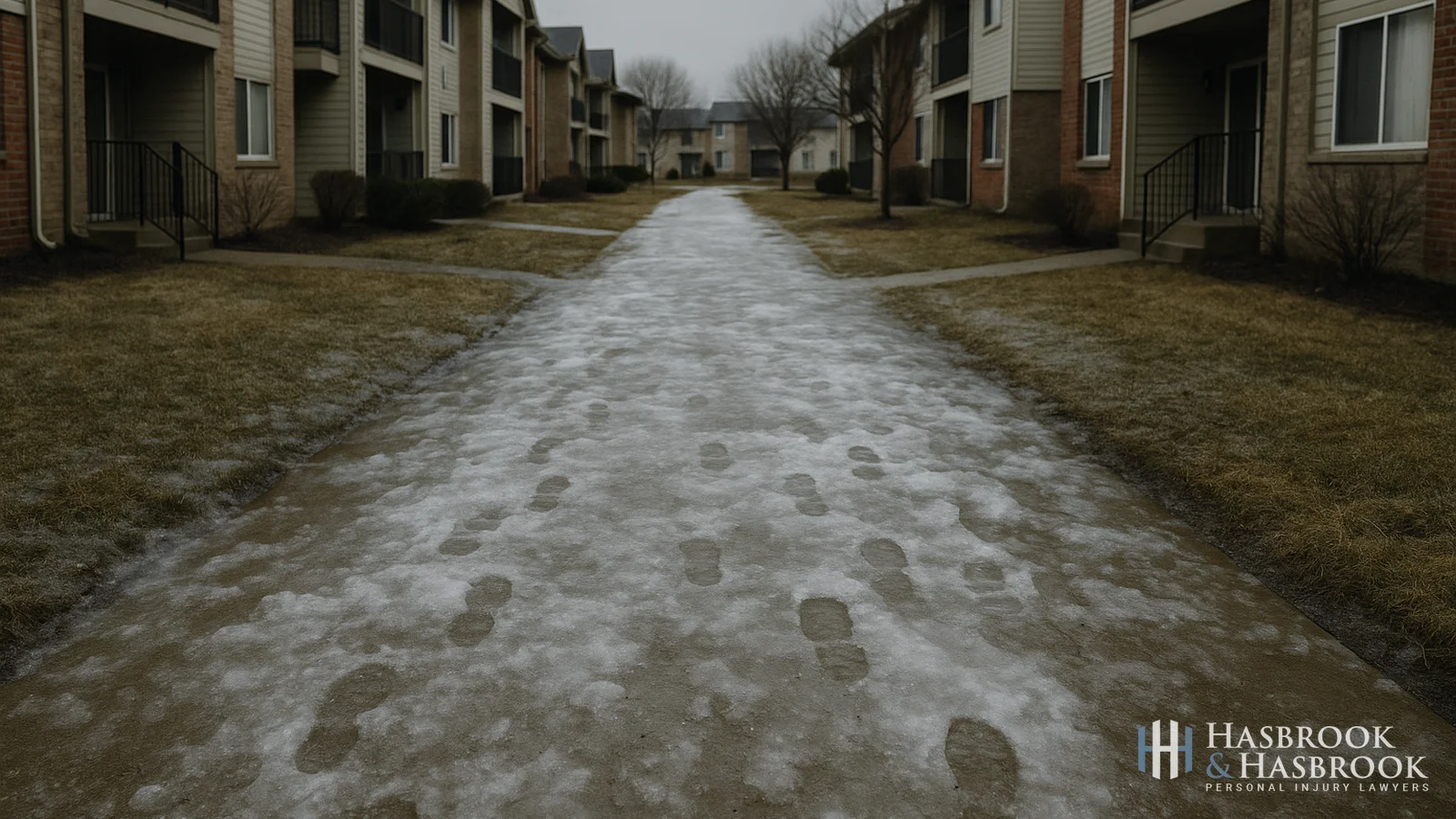 Icy apartment walkway with footprints in slush
