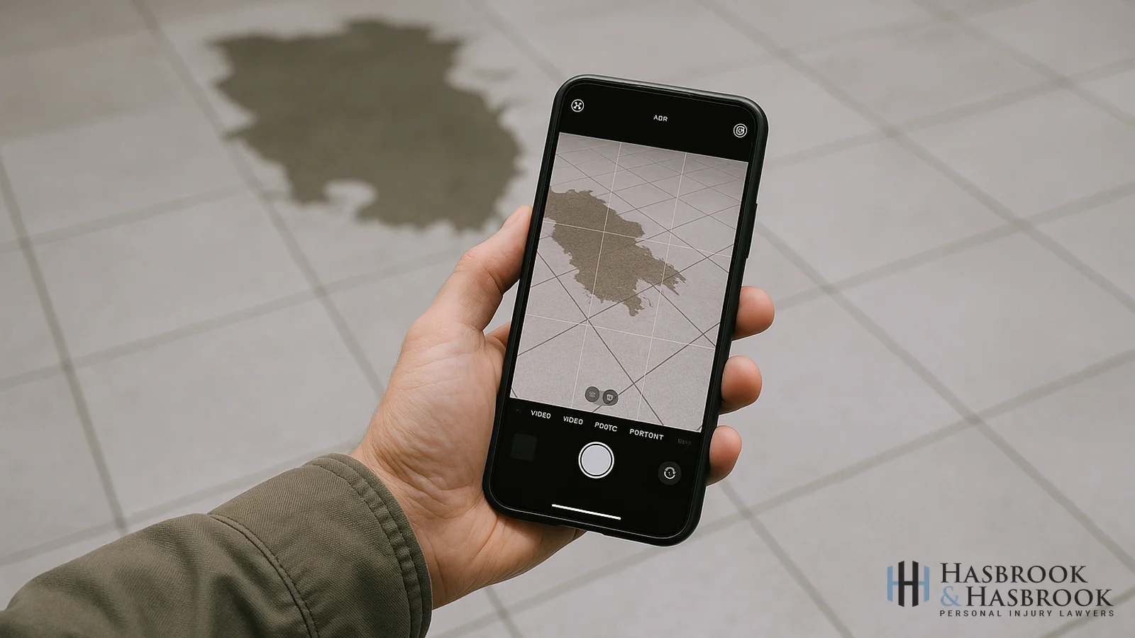 Hand photographing a wet floor hazard with a smartphone