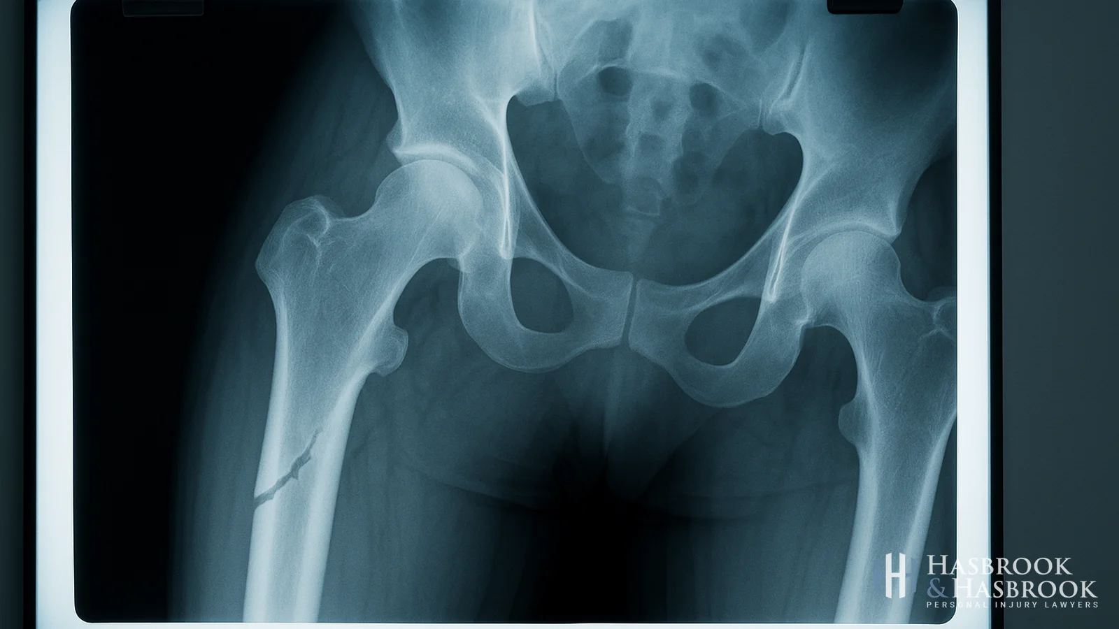 Medical X-ray showing a fracture on a lightbox