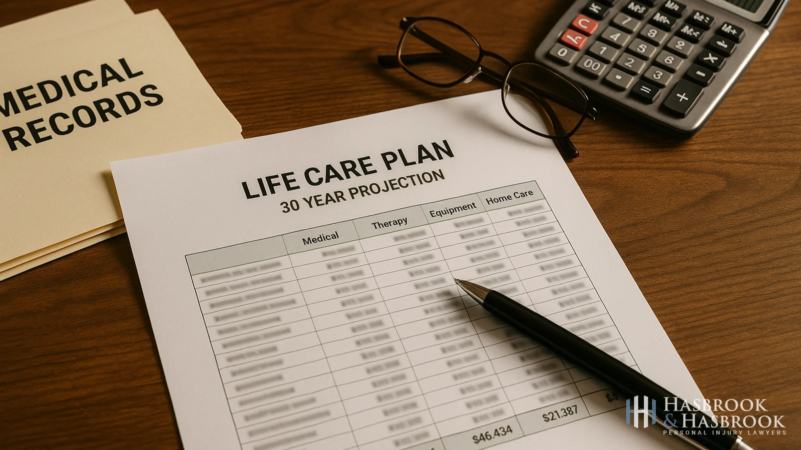 Life care plan projection documents on a desk