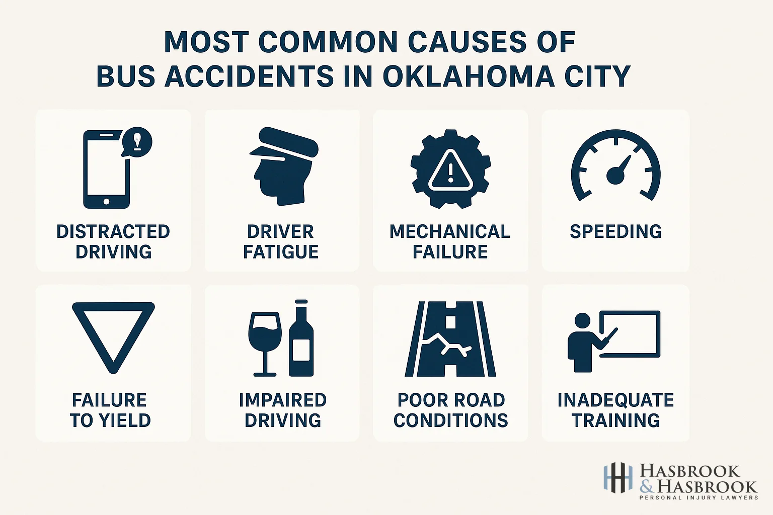 Common causes of bus accidents in Oklahoma City including distracted driving, driver fatigue, and mechanical failure
