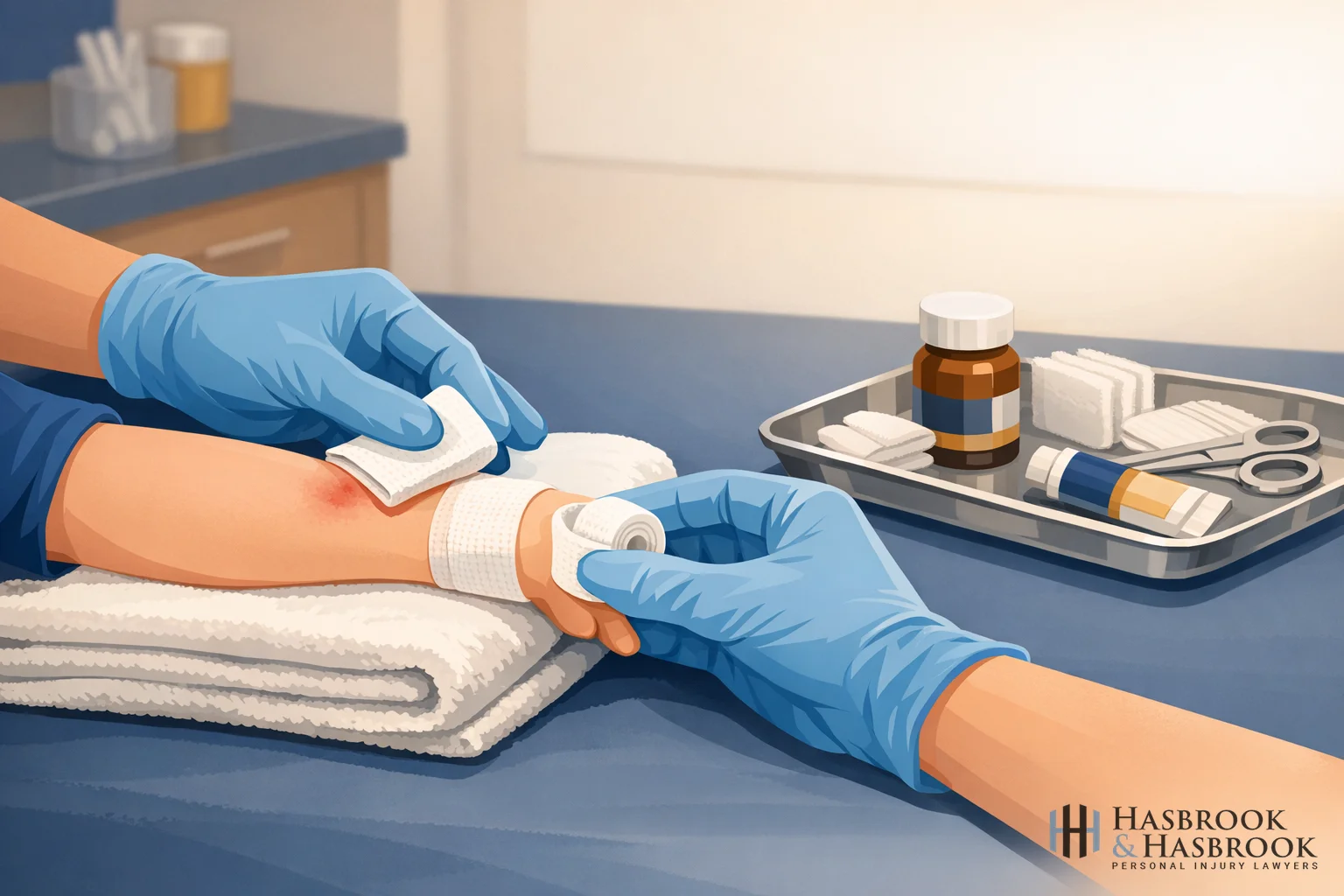 Illustration of first aid for a child's dog bite wound