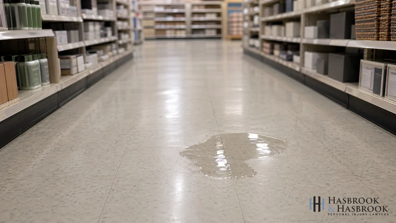 Wet floor in a retail store aisle without adequate warning signage