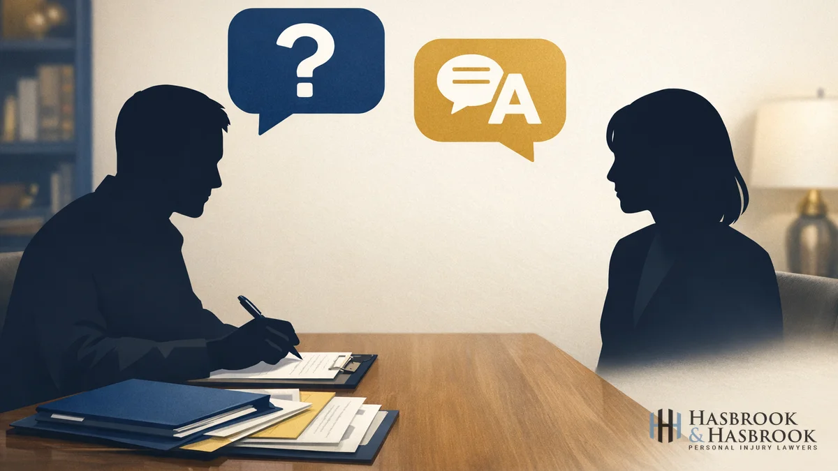Illustration of a truck accident case consultation with question and answer icons