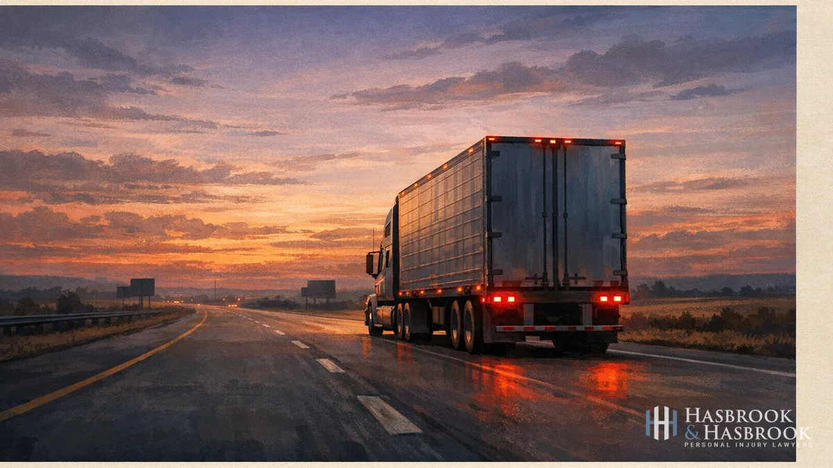 Illustration of a loaded semi-truck on I-35 at dusk in Oklahoma