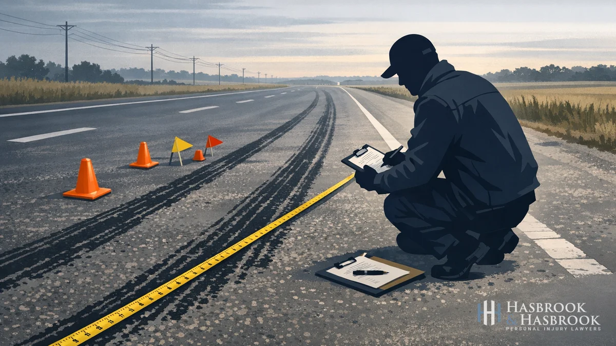 Illustration of an accident reconstruction expert measuring skid marks on a highway