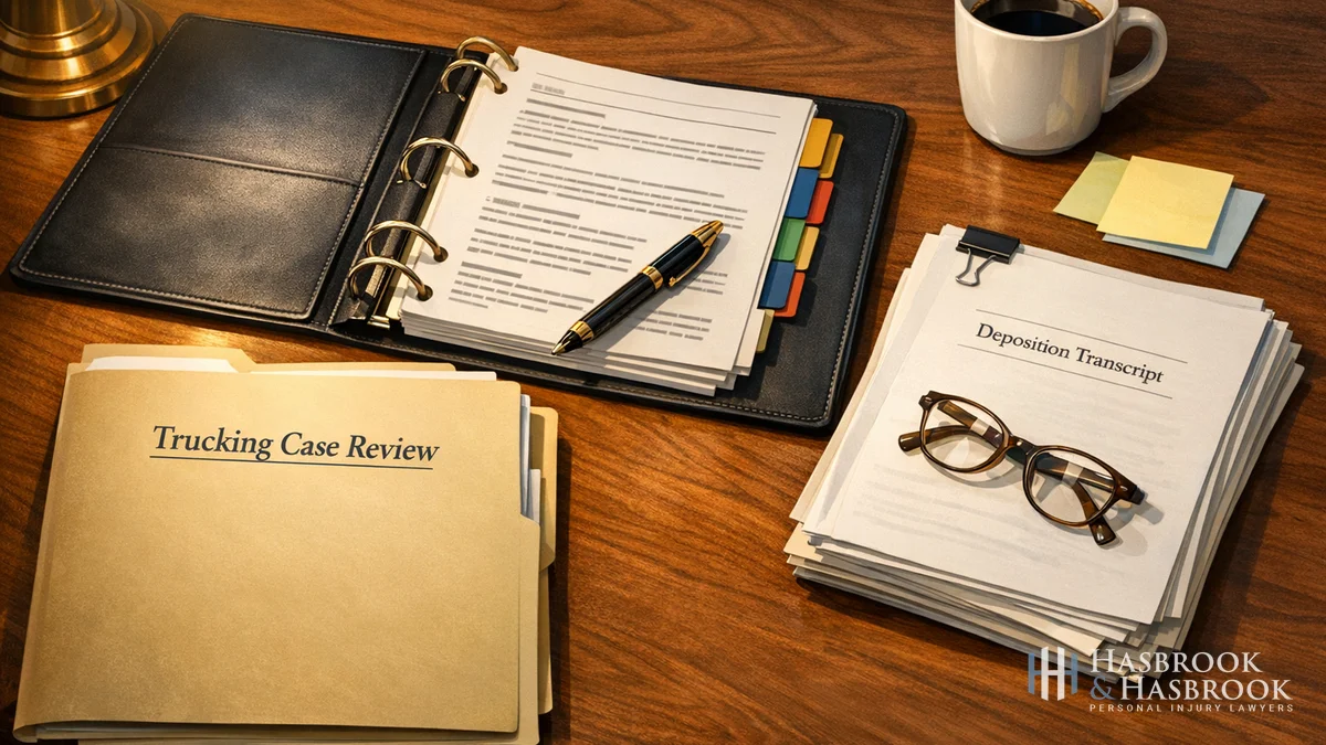 Attorney desk with trucking case review file and FMCSA regulation binder