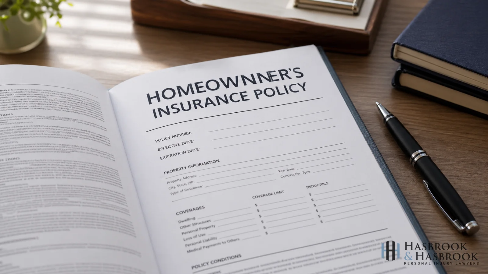 Homeowner's insurance policy document open on a desk with pen