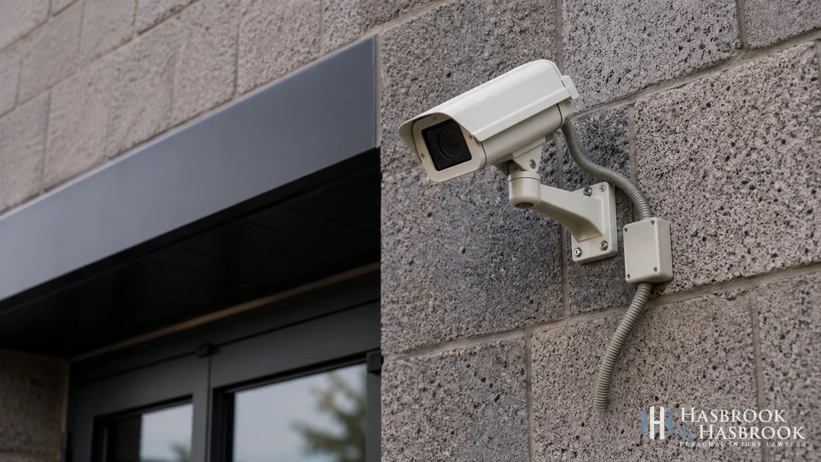CCTV security camera mounted on exterior wall of a commercial building