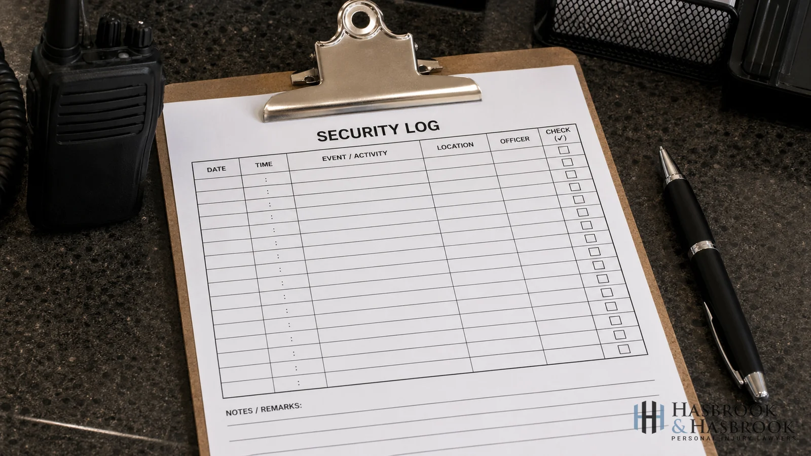 Security log clipboard close-up on a desk
