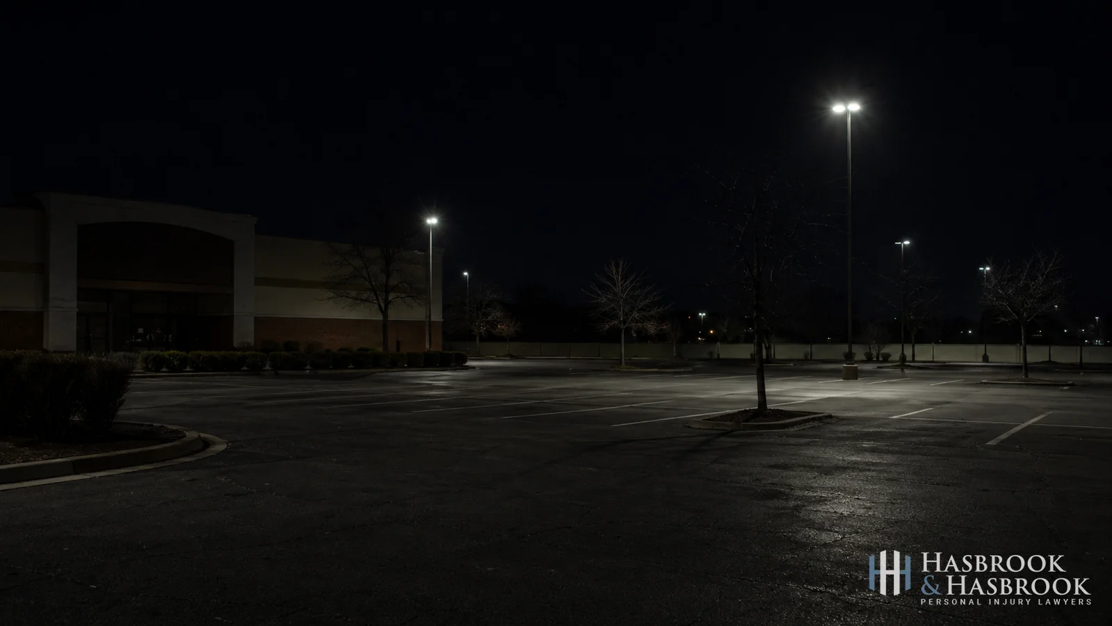 Commercial parking lot at night with insufficient lighting