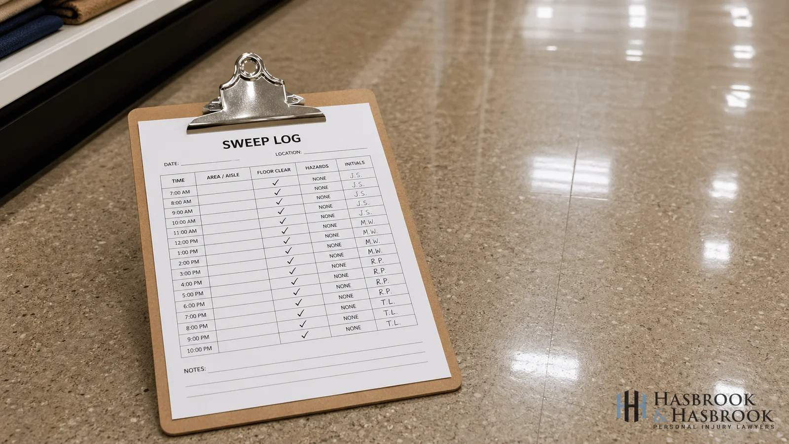 Clipboard with sweep-log inspection sheet on a polished retail floor