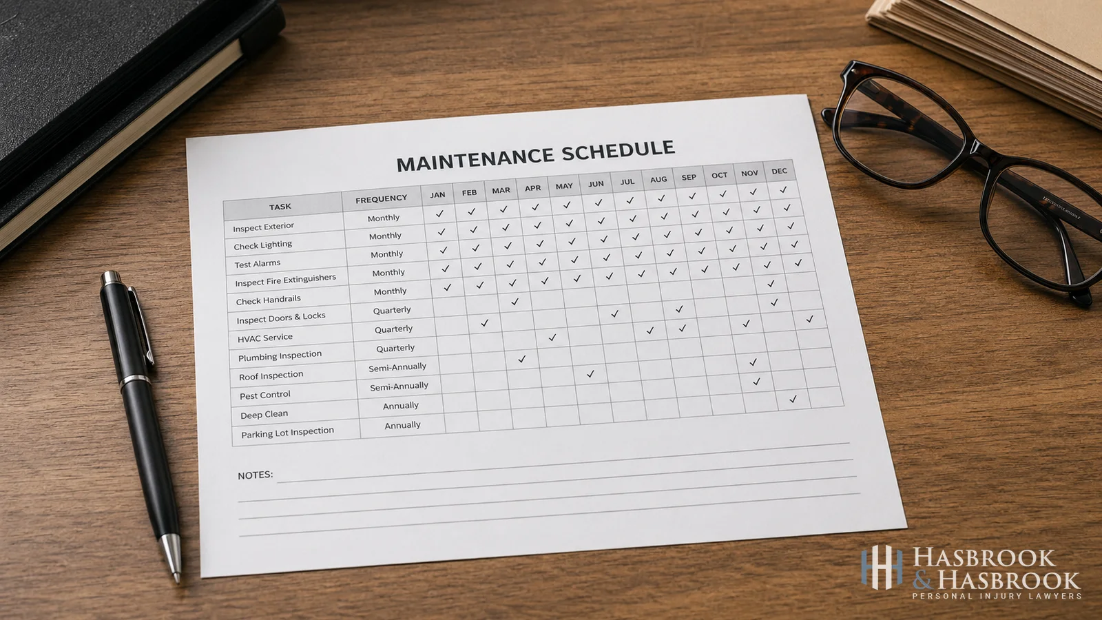 Maintenance schedule printout on a wooden desk with pen and reading glasses