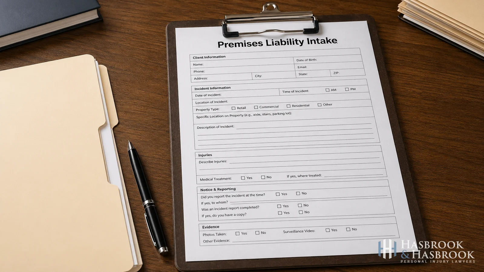 Clipboard with premises liability intake form on wooden desk beside manila folder