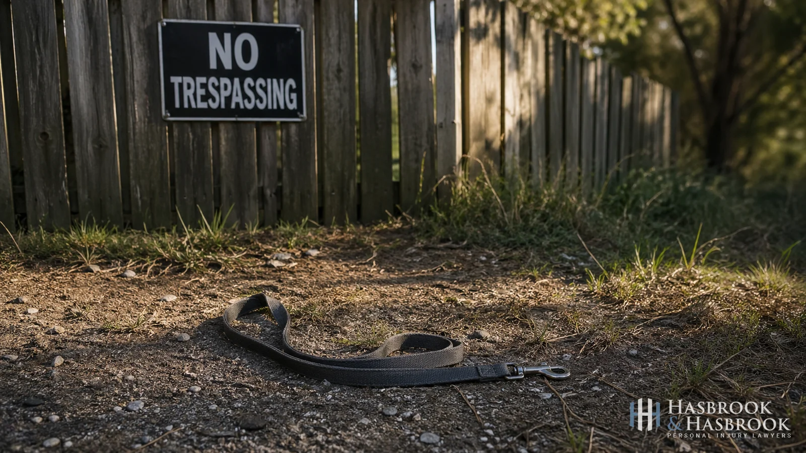 Dog leash on the ground near a property fence with no trespassing sign