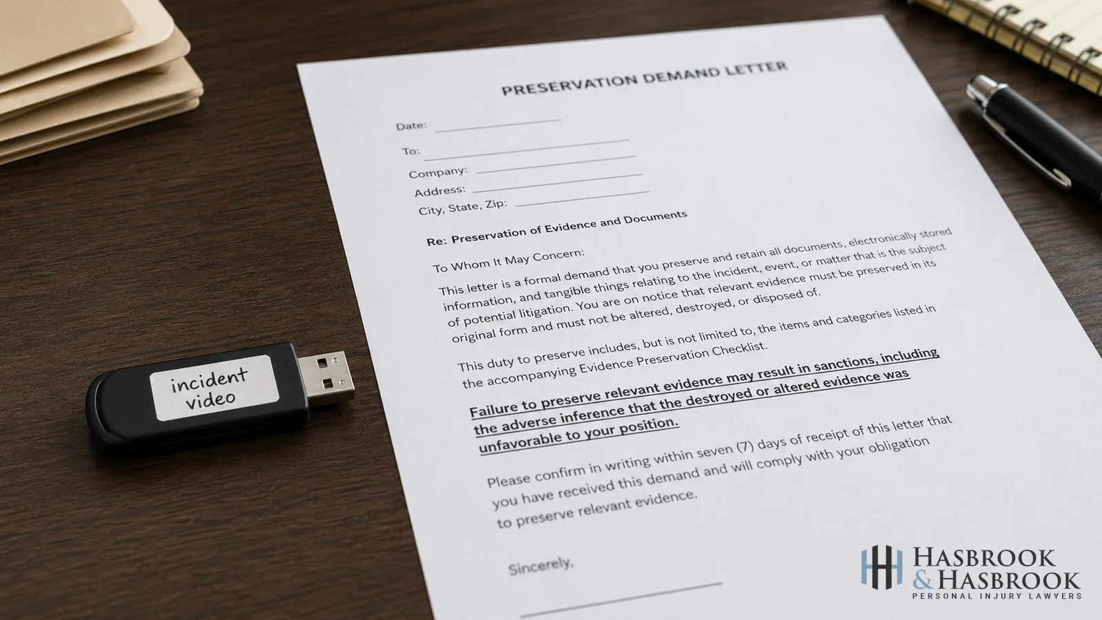 USB drive labeled incident video next to printed preservation demand letter