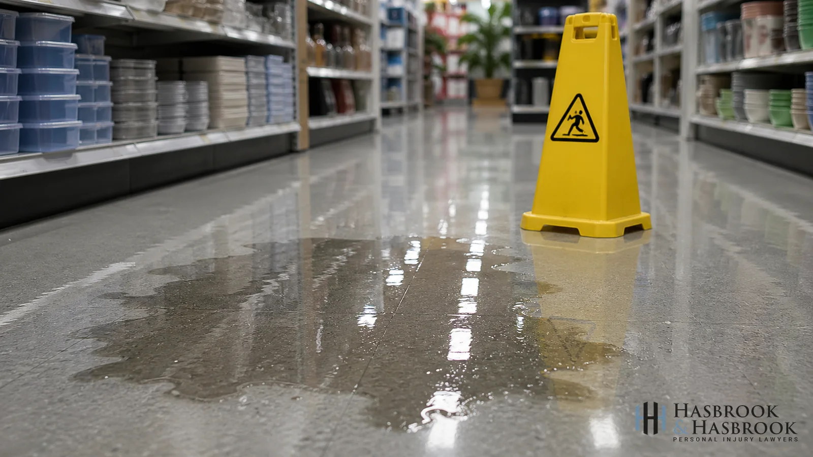 Store aisle floor with a wet spill and yellow hazard cone marker