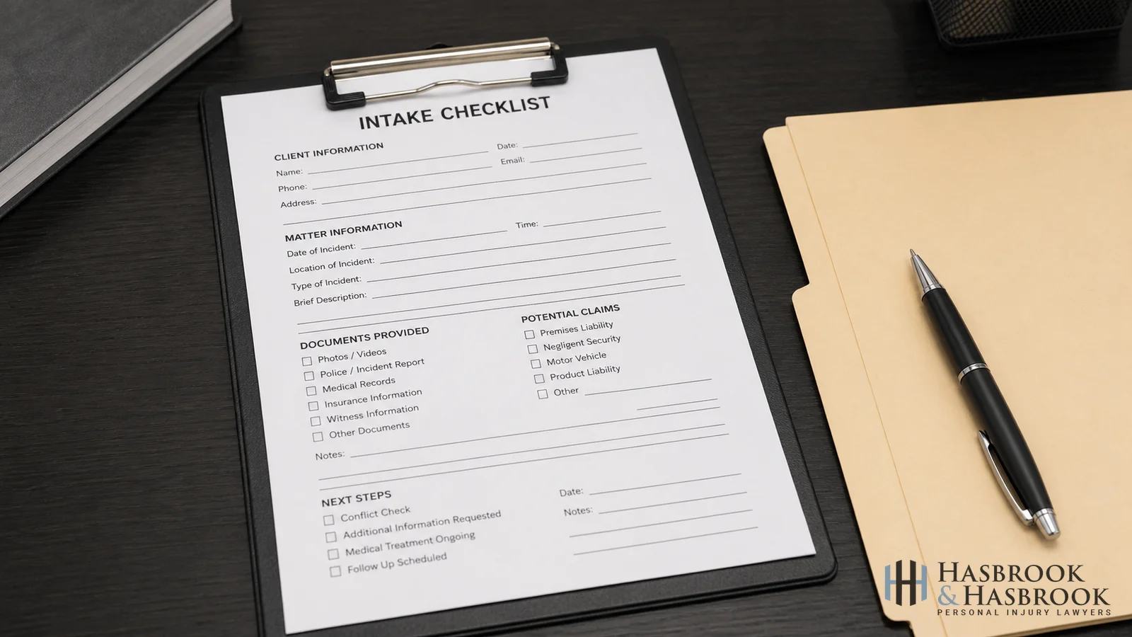 Clipboard with intake checklist form on office desk beside manila file folder